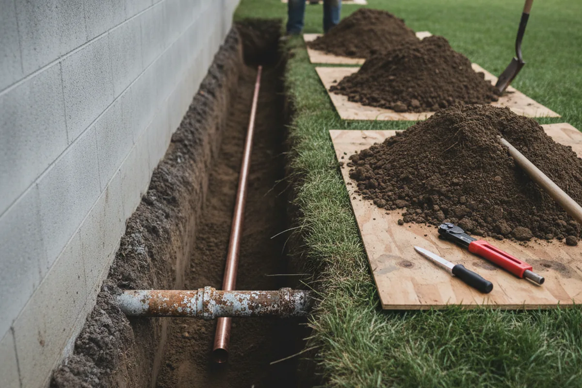 Excavated water line trench during Sewer Line Repair in Cedarhurst